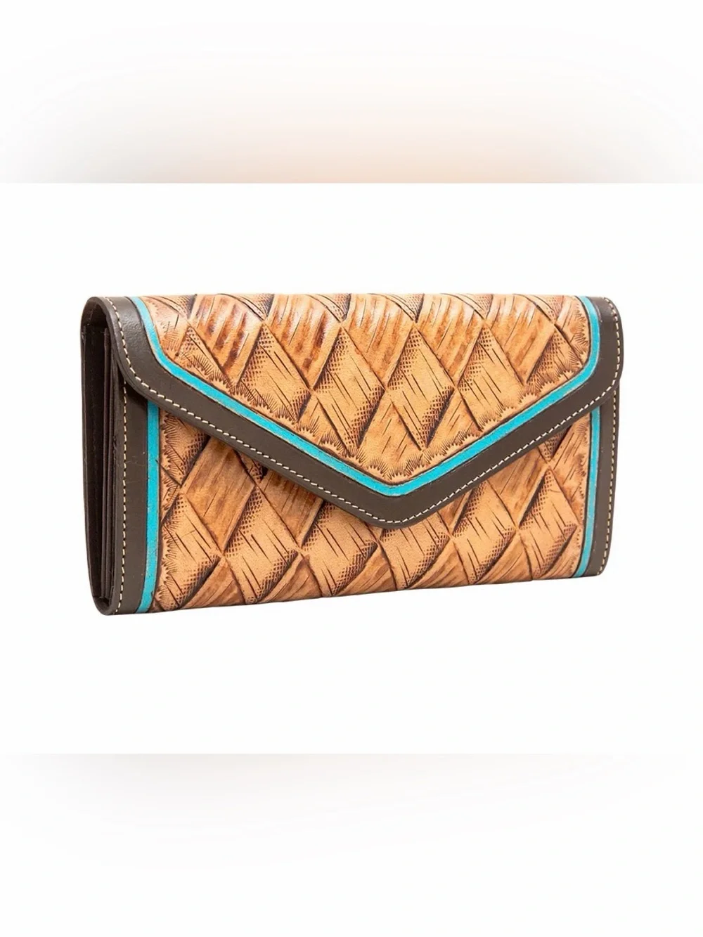Western Wallet Woven Leather Envelope Style in Tan with Turquoise Trim